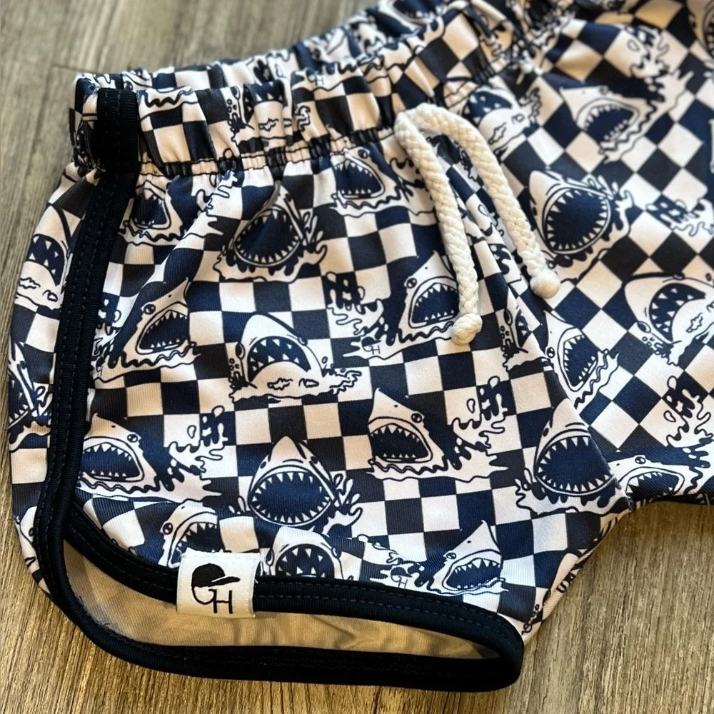 Kids Navy & White Shark Check Swim Shorts